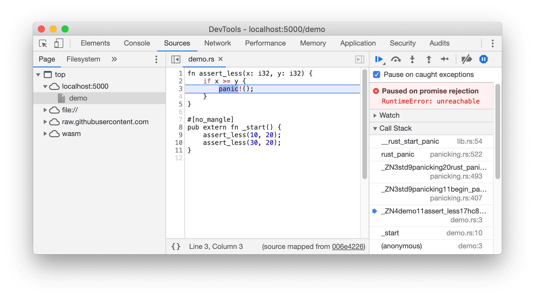 Zrzut ekranu przedstawiający nowe debugowanie WebAssembly oparte na DWARF.