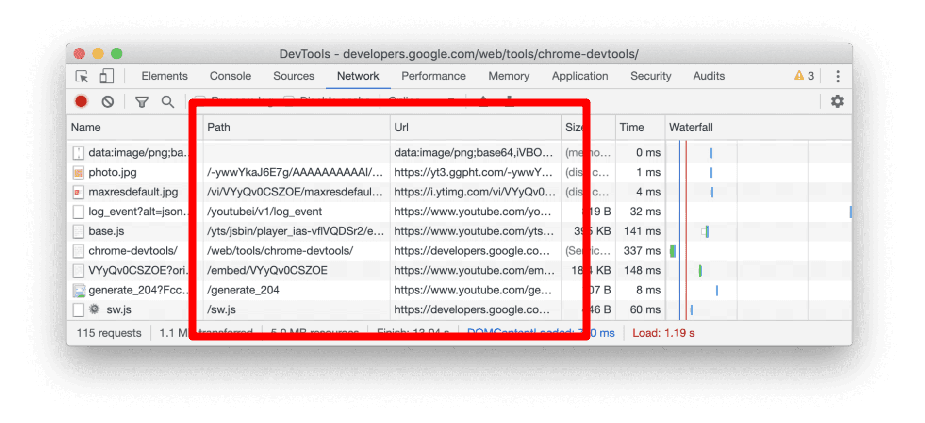 ภาพหน้าจอของคอลัมน์เส้นทางและ URL ใหม่ในแผงเครือข่าย