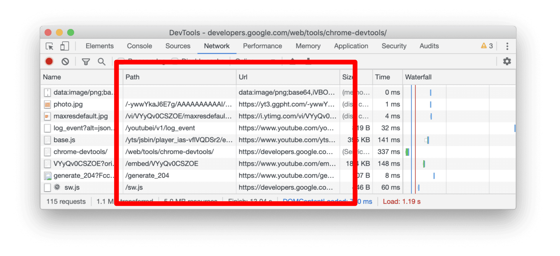 Uno screenshot delle nuove colonne Percorso e URL nel pannello Rete.