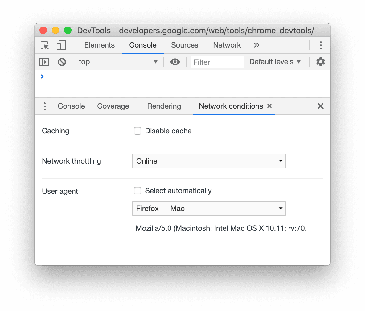 Capture d&#39;écran du menu &quot;User-agent&quot; dans l&#39;onglet &quot;Conditions du réseau&quot;