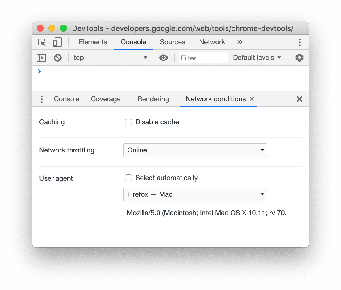 Capture d'écran du menu "User-Agent" dans l'onglet "Conditions du réseau".