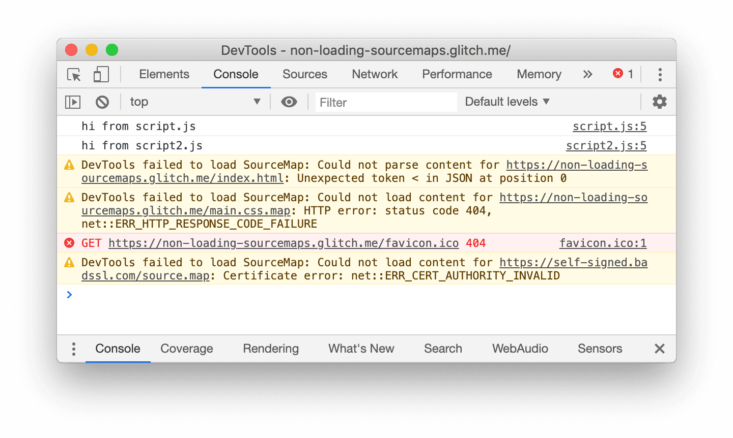 Ошибка загрузки карты исходного кода в консоли.