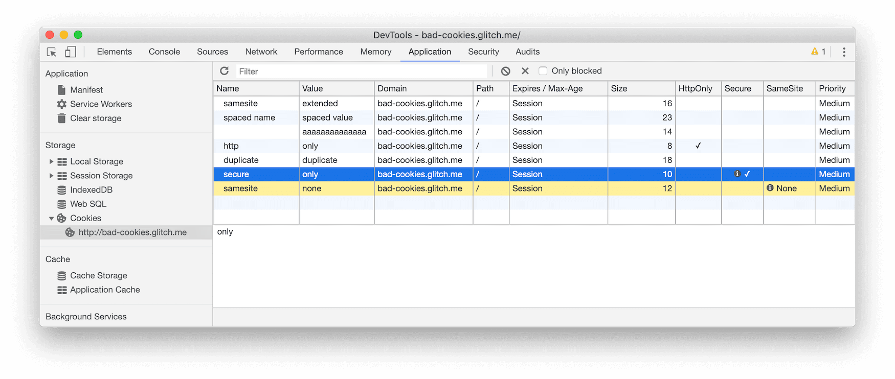 [Application] パネルの [Cookies] ペインに表示されたブロックされた Cookie