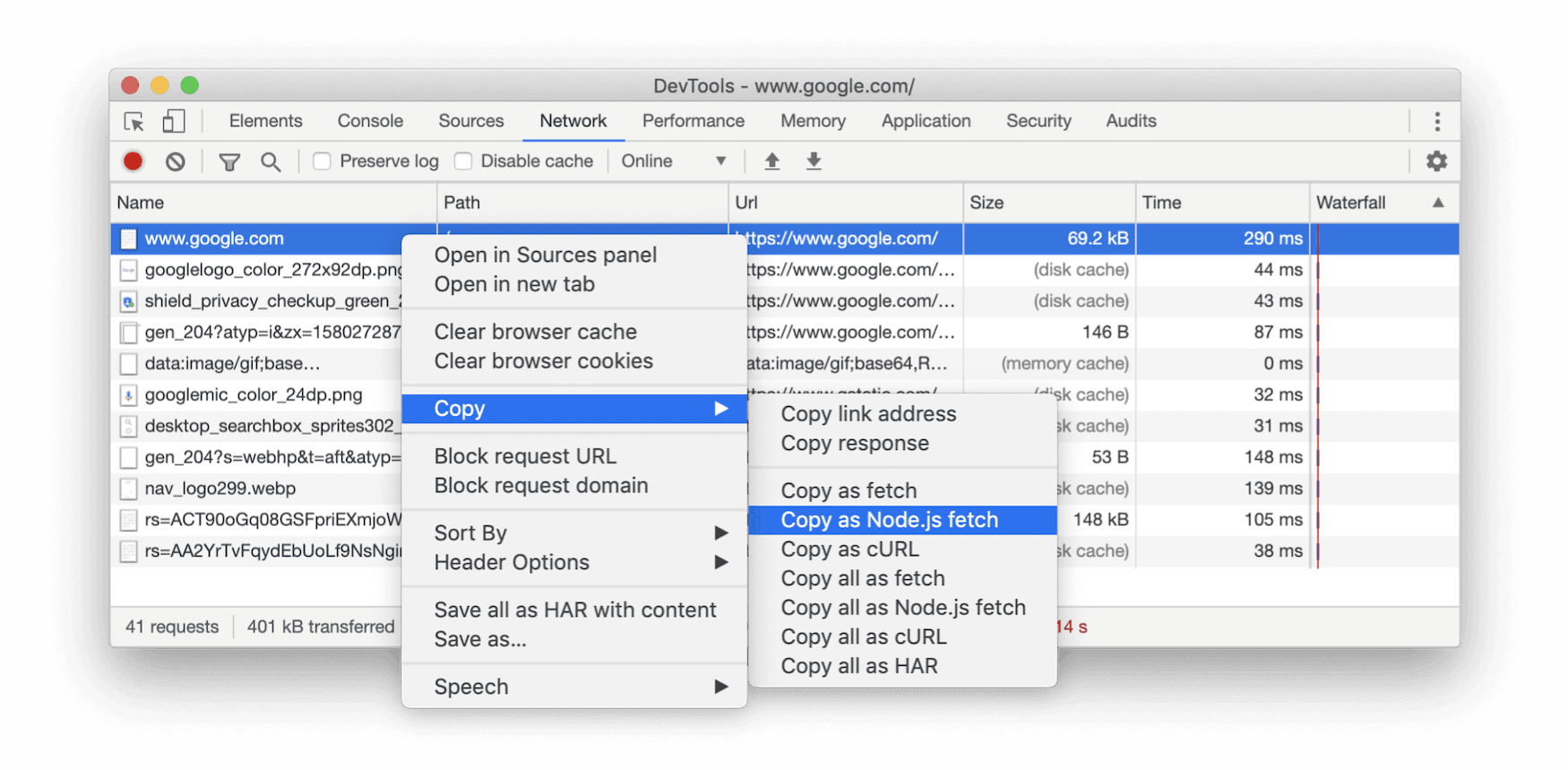 Copier en tant qu&#39;extraction Node.js