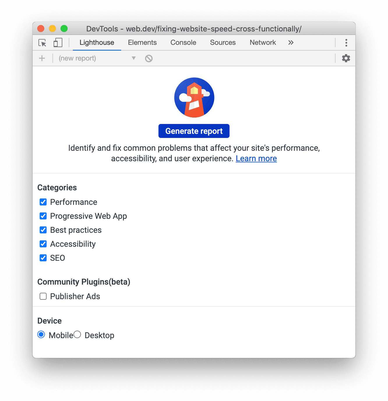 O painel do Lighthouse