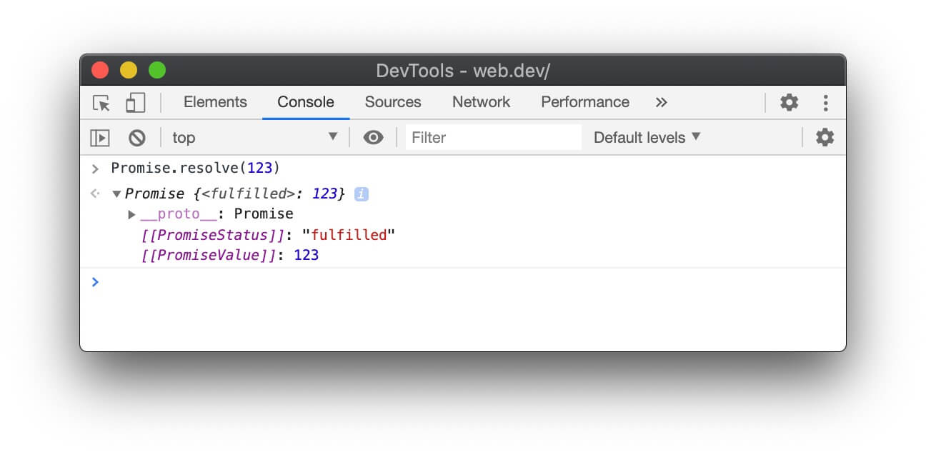 'पूरा किया गया' शब्द का इस्तेमाल करने वाले कंसोल का उदाहरण.