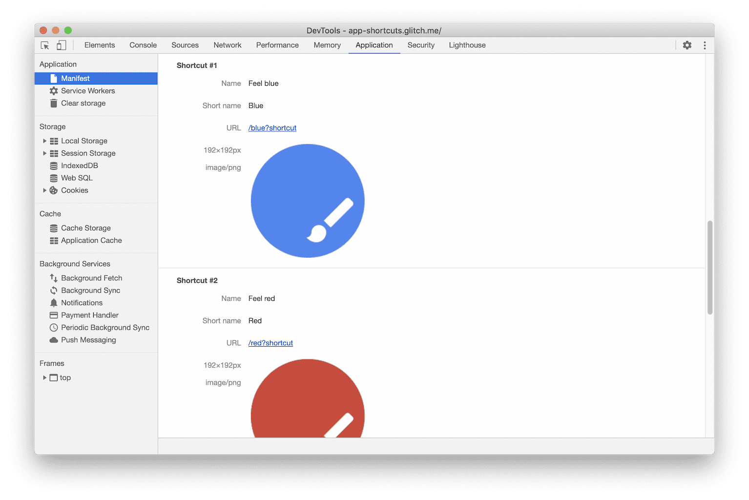 Combinaciones de teclas de la app en el panel Manifest