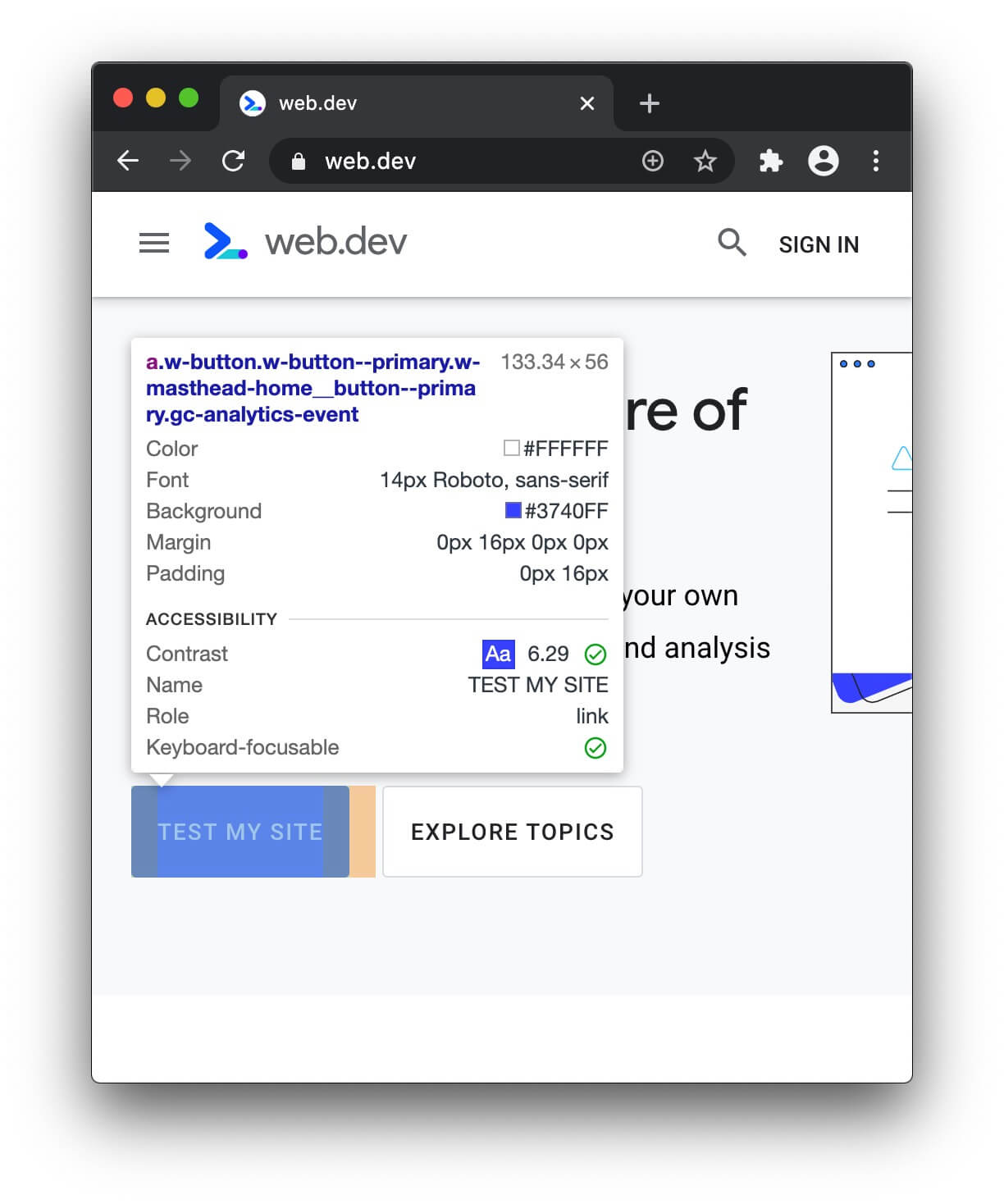 सुलभता से जुड़ी जानकारी के साथ, जांच मोड की टूलटिप.