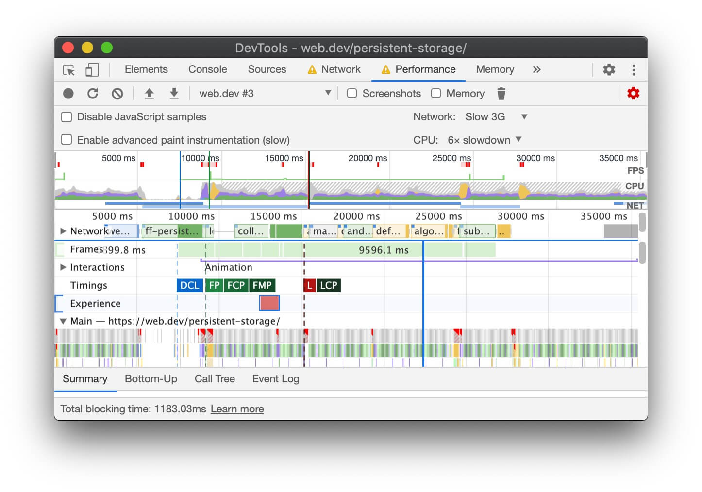 [パフォーマンス] パネルの記録のフッターに表示される Total Blocking Time の情報。