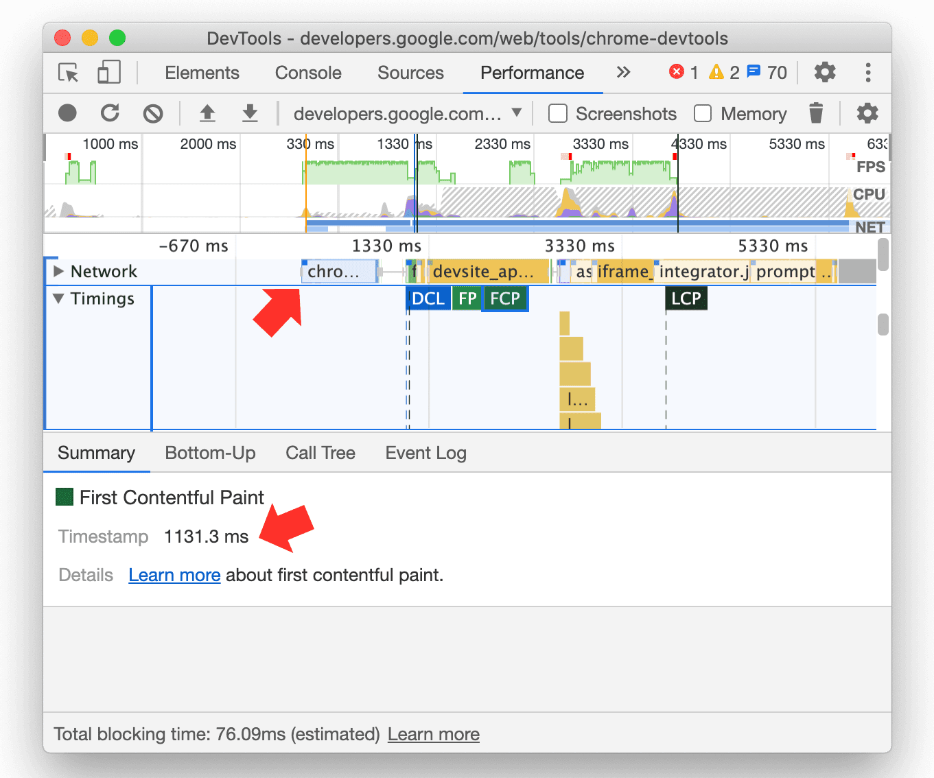 परफ़ॉर्मेंस पैनल में नेविगेशन टाइमिंग को अलाइन करना