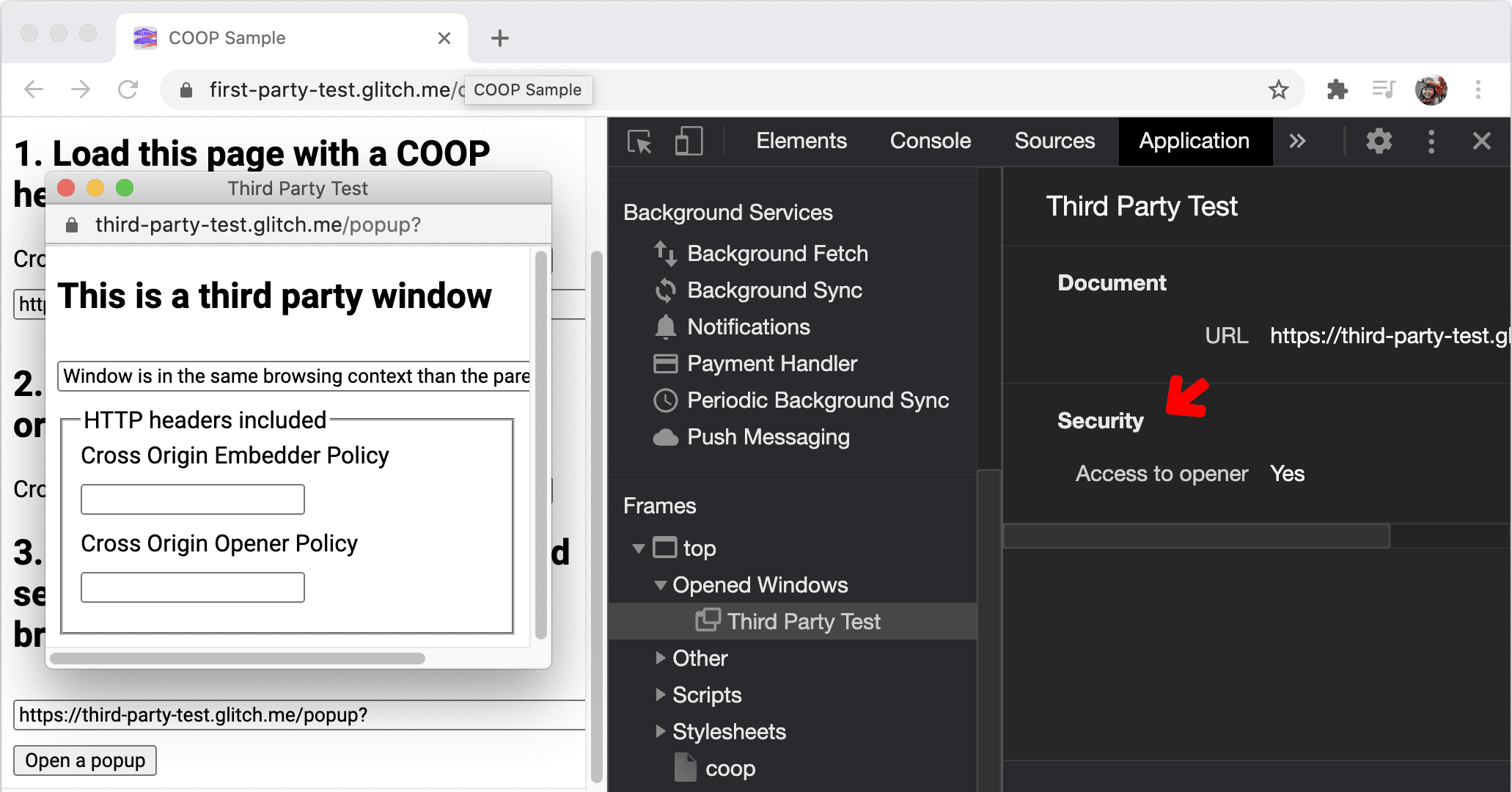 विंडो फ़्रेम की जानकारी वाला पेज खोला गया