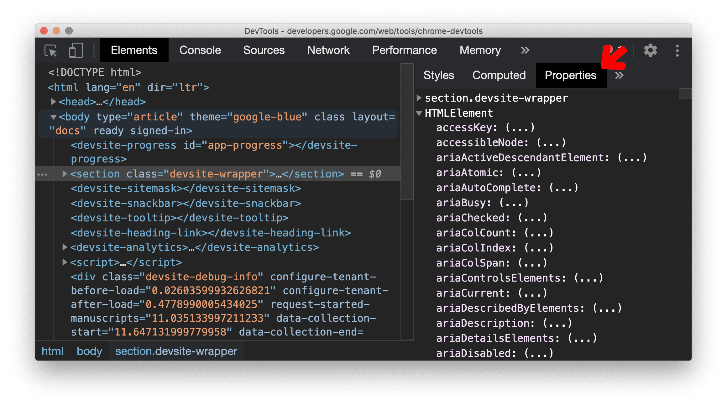 Painel "Propriedades" no painel "Elementos"