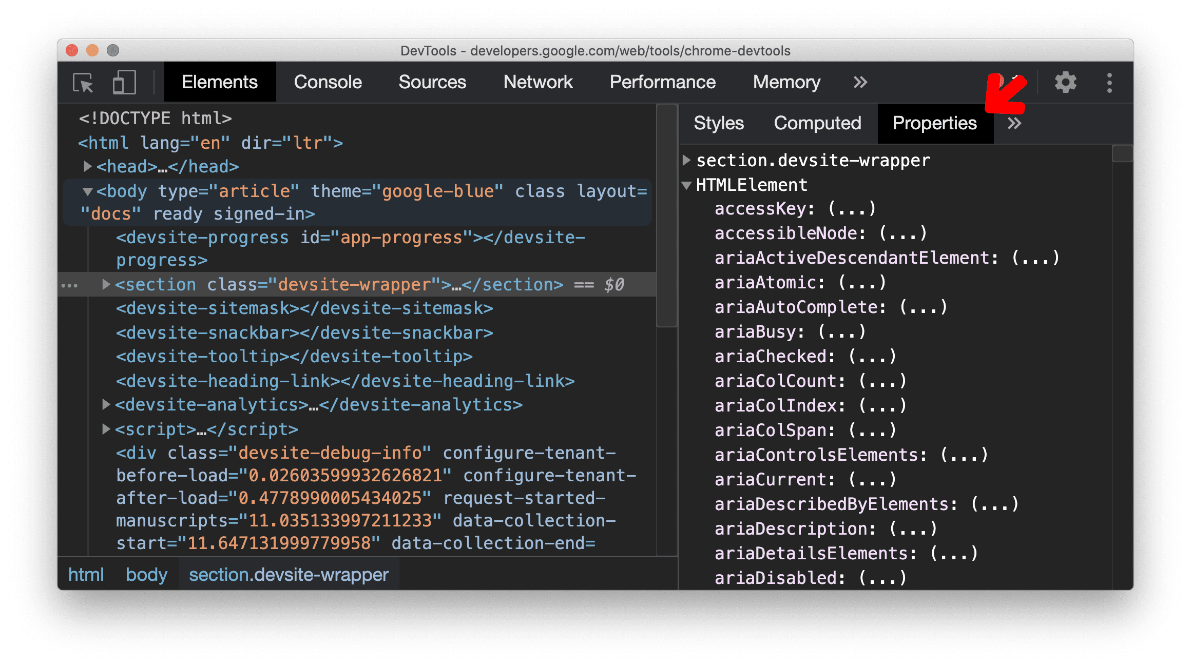 Properties pane in the Elements panel