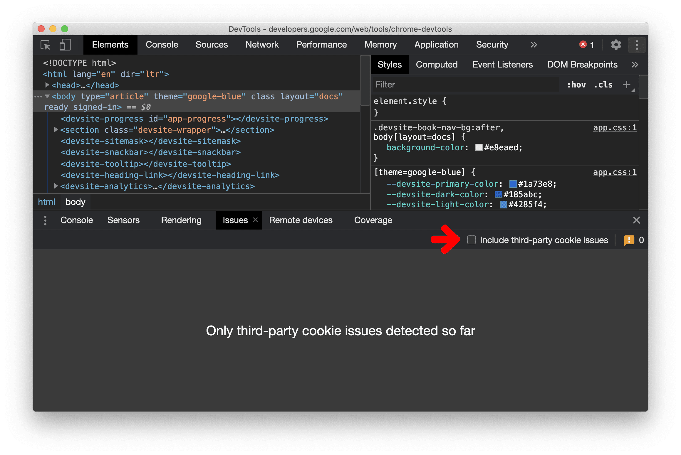 caixa de seleção "Problemas com cookies de terceiros"