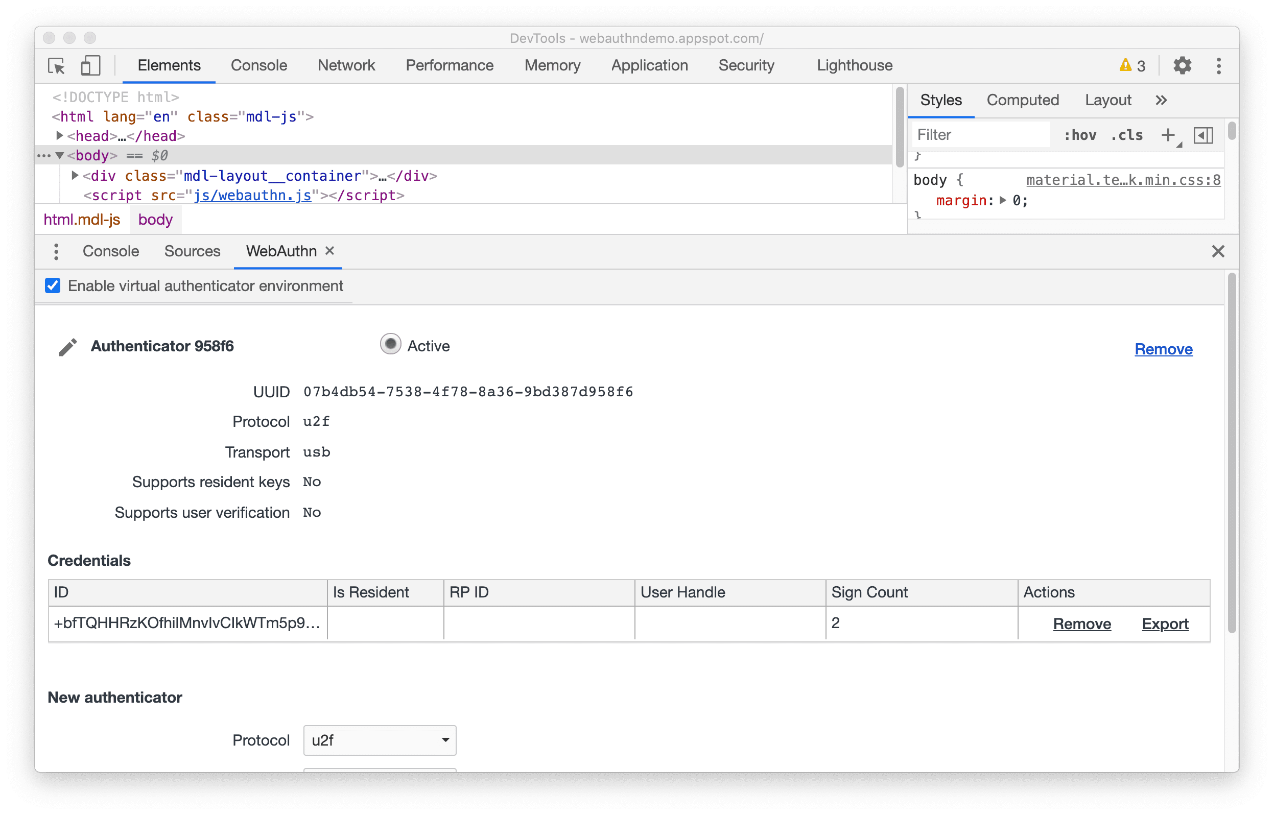 Вкладка WebAuthn
