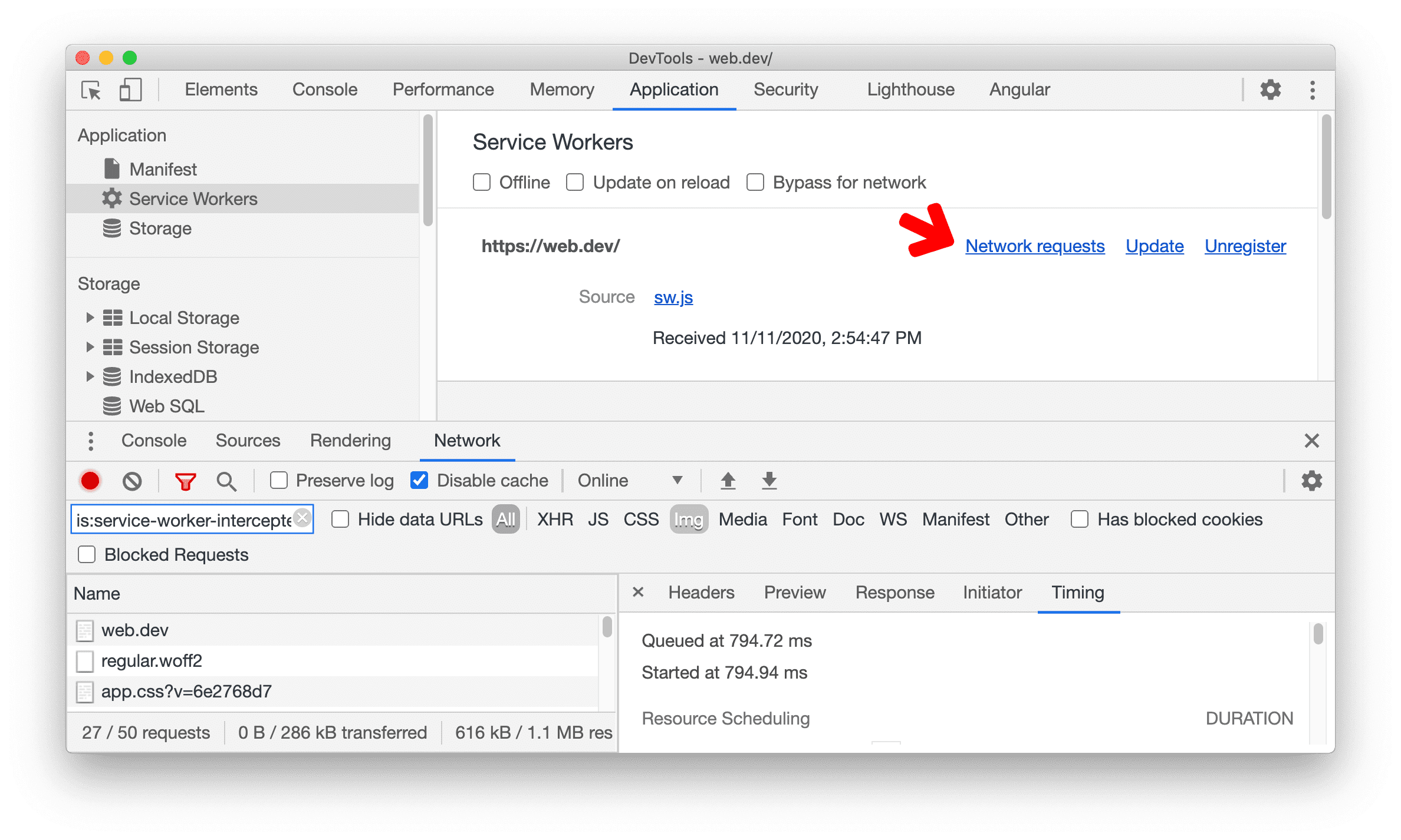 Otwórz panel Network (Sieć) w instancjach Service Worker