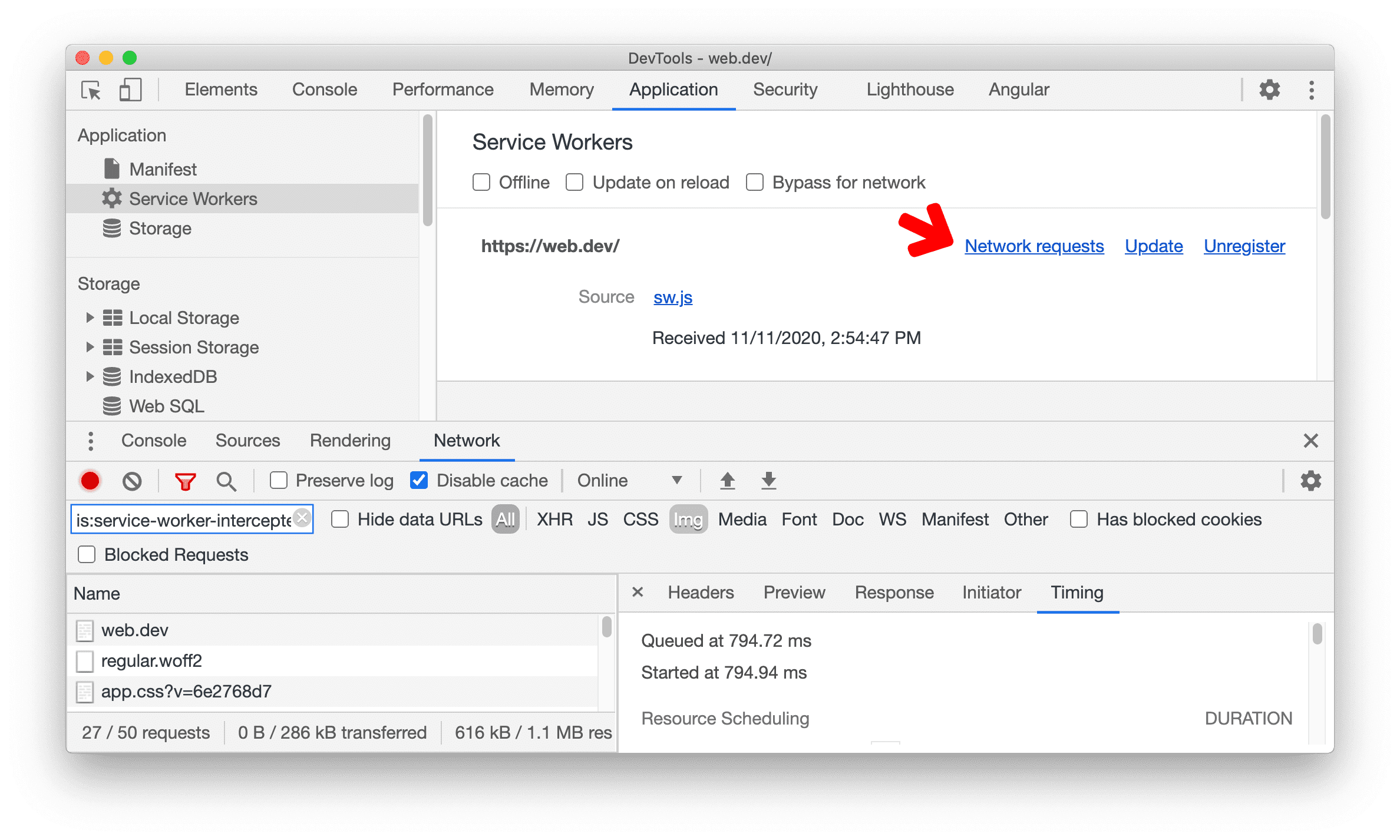 Ouvrir le panneau "Network" depuis les Service Workers