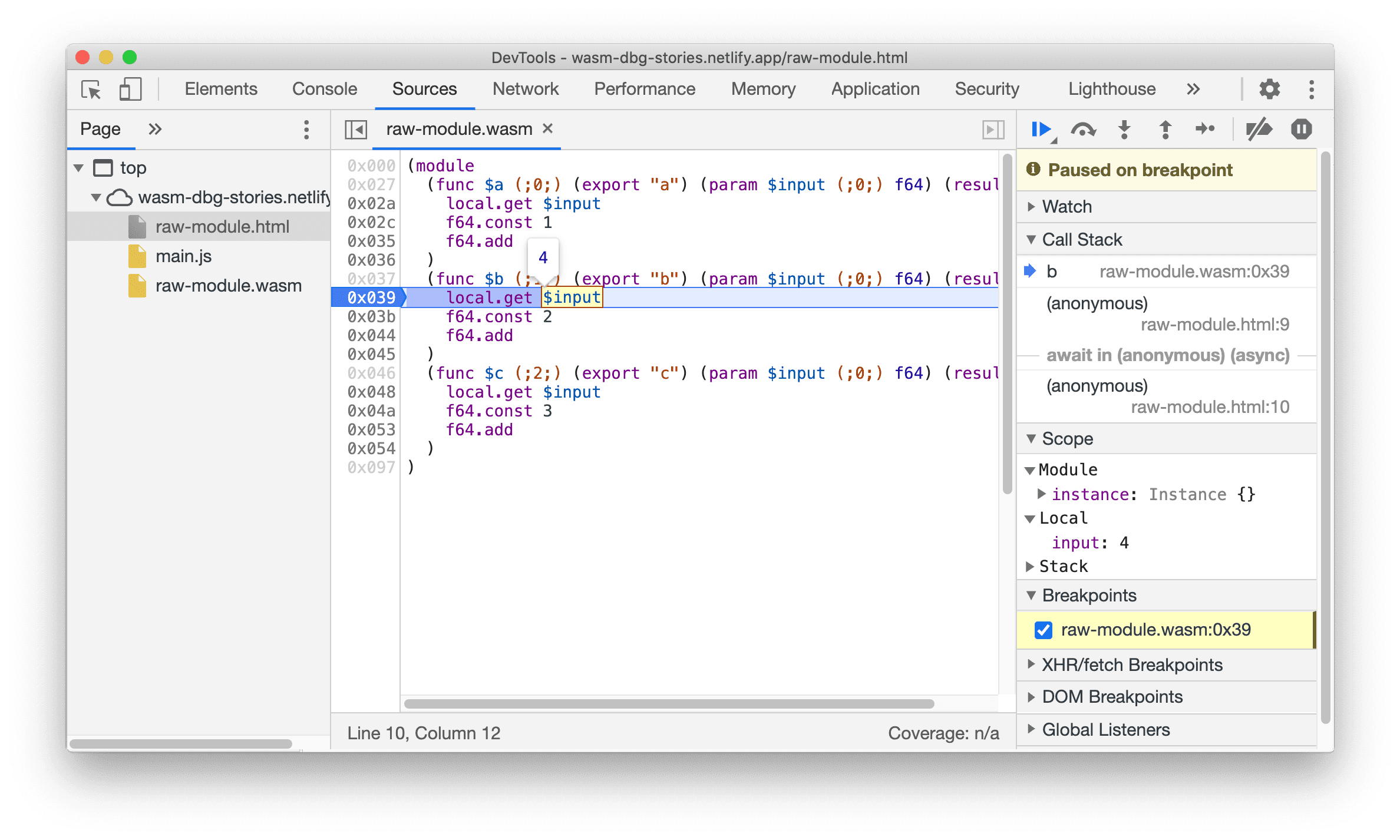 Vista previa de la variable de Wasm al desplazar el mouse sobre un anuncio