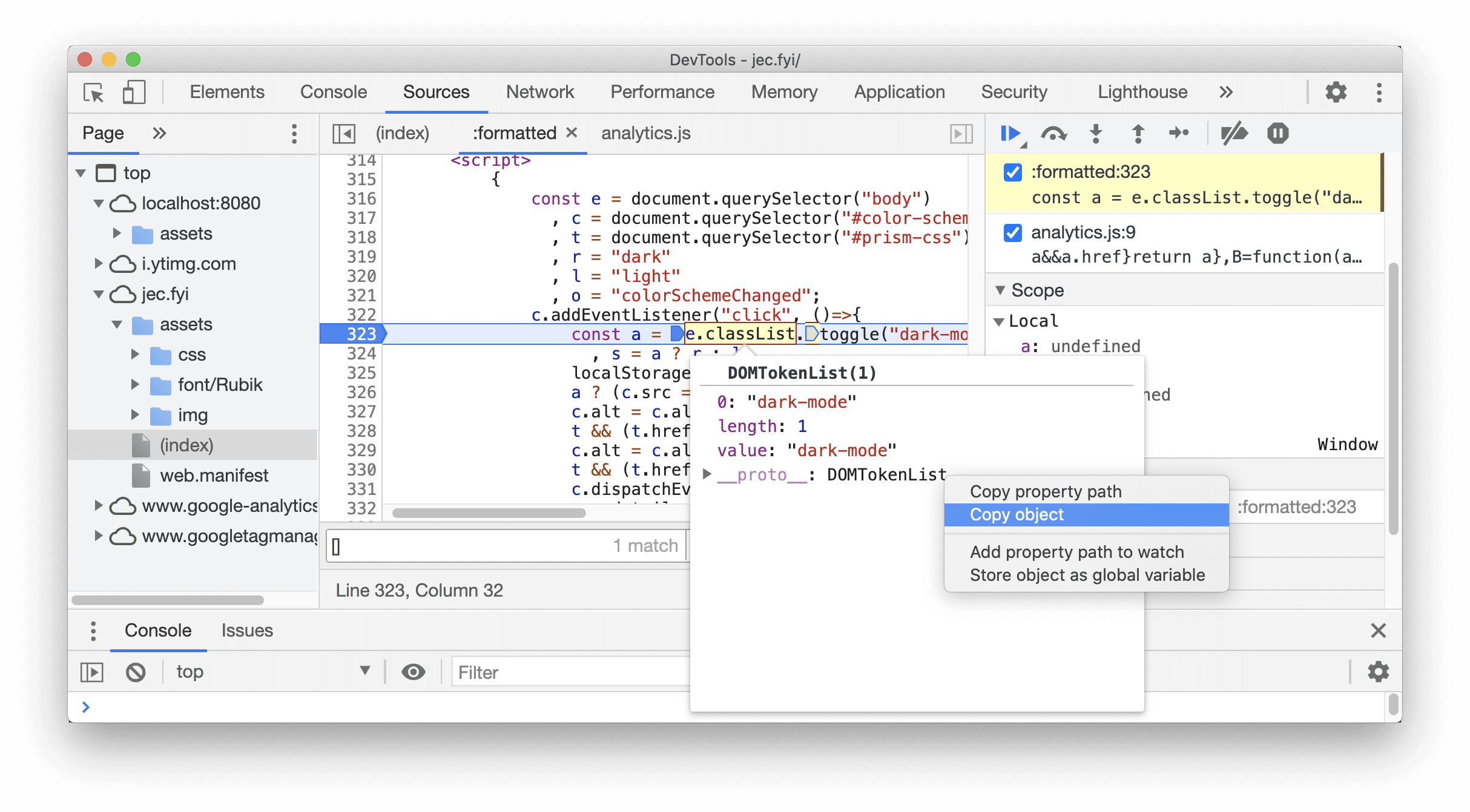 Copiar objeto en el panel de Sources