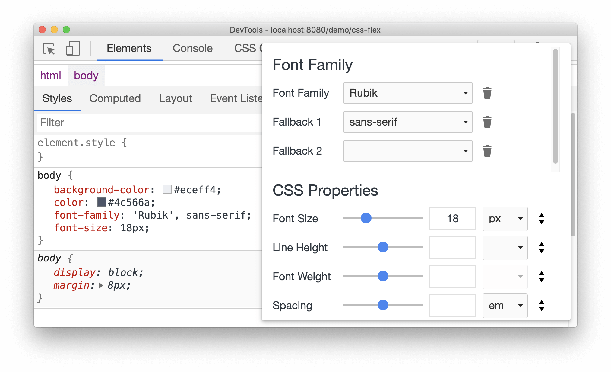 Font editor in the Styles pane