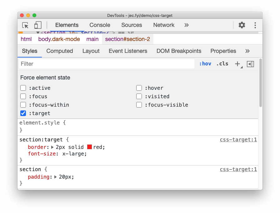 การบังคับสถานะ &quot;:target&quot; ของ CSS