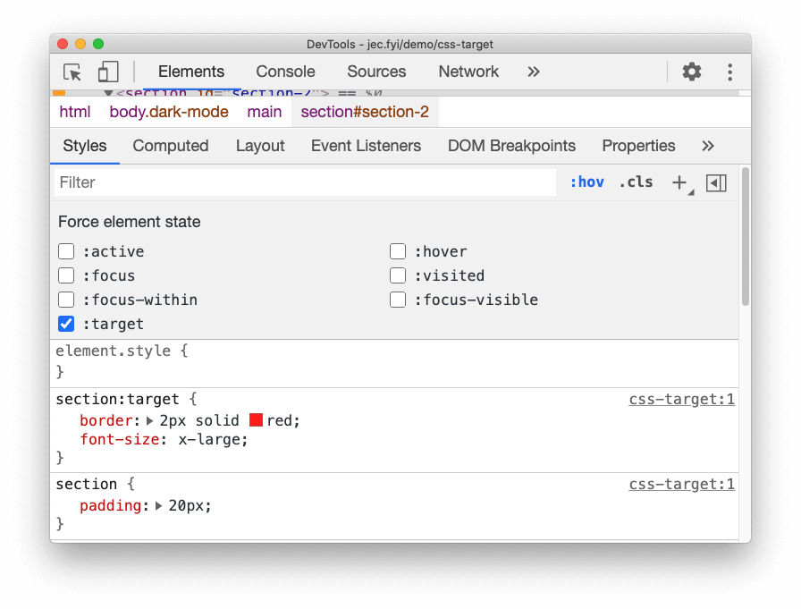 forçar o estado `:target` do CSS
