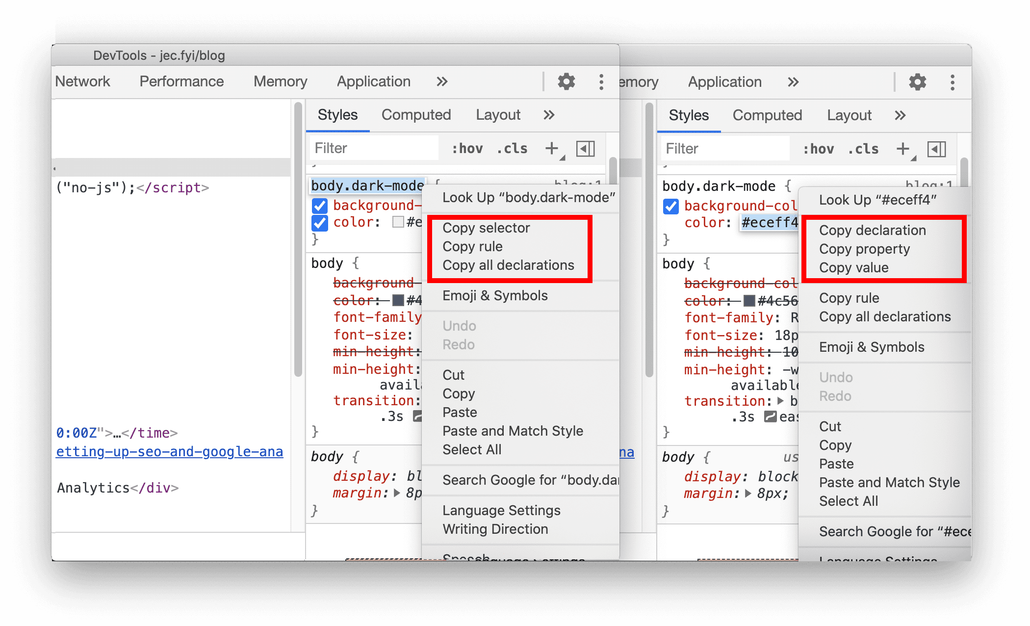 New shortcuts to copy CSS properties