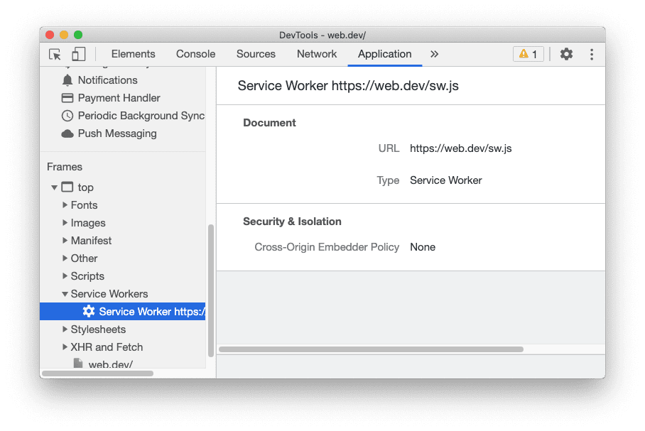 Service Worker-Informationen in der Ansicht „Frame-Details“