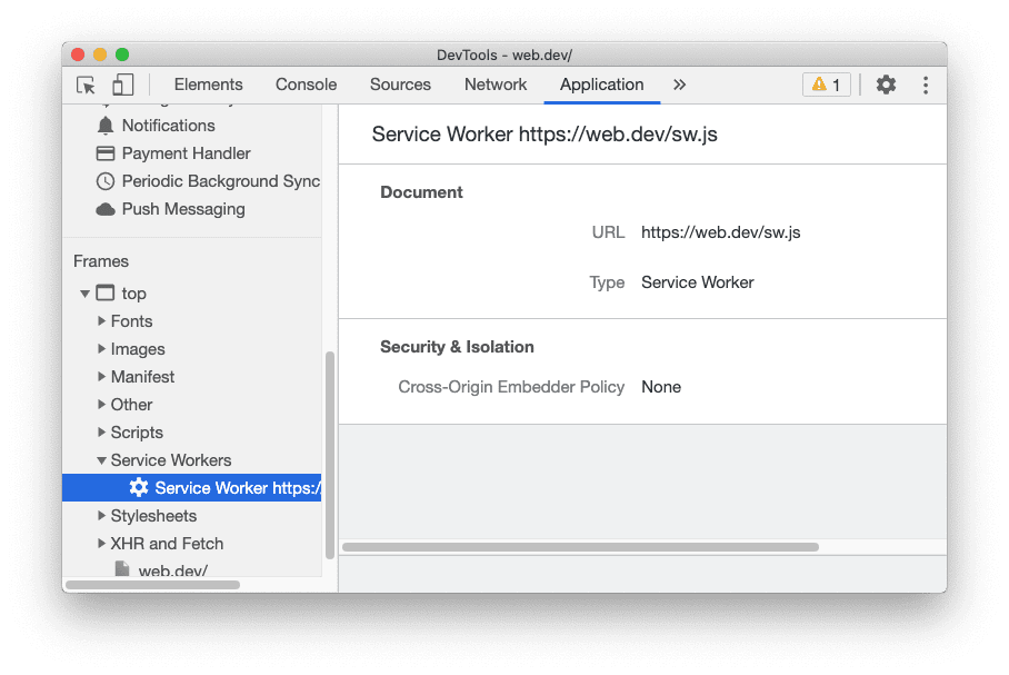 Informazioni su Service worker nella visualizzazione dei dettagli del frame