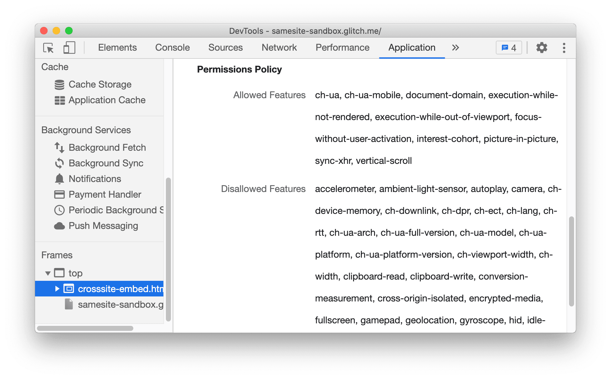 Recursos permitidos/proibidos com base na política de permissões