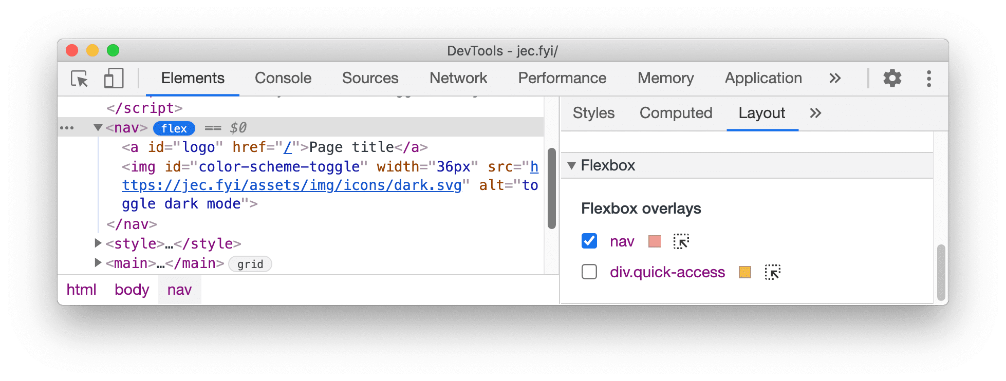 「Layout」窗格中的 Flexbox 部分