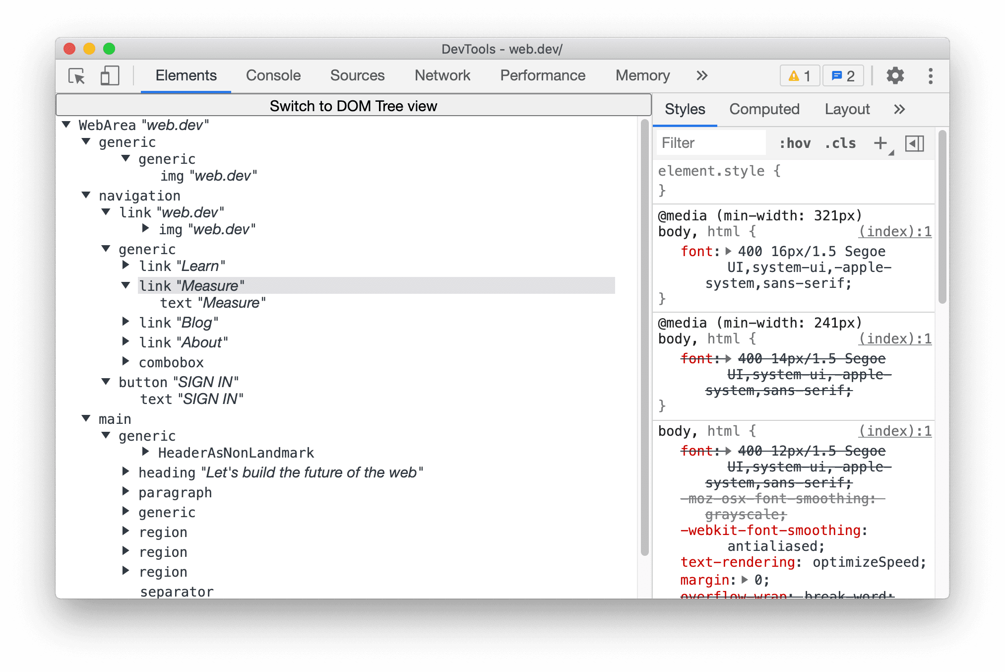 Vue complète de l'arborescence d'accessibilité