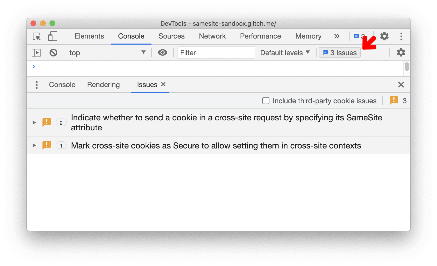 Nombre de problèmes dans la barre d'état de la console
