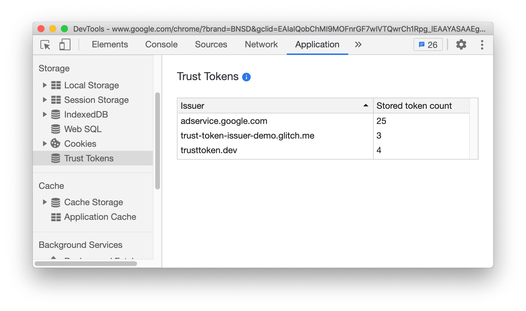 Novo painel "Tokens de confiança"