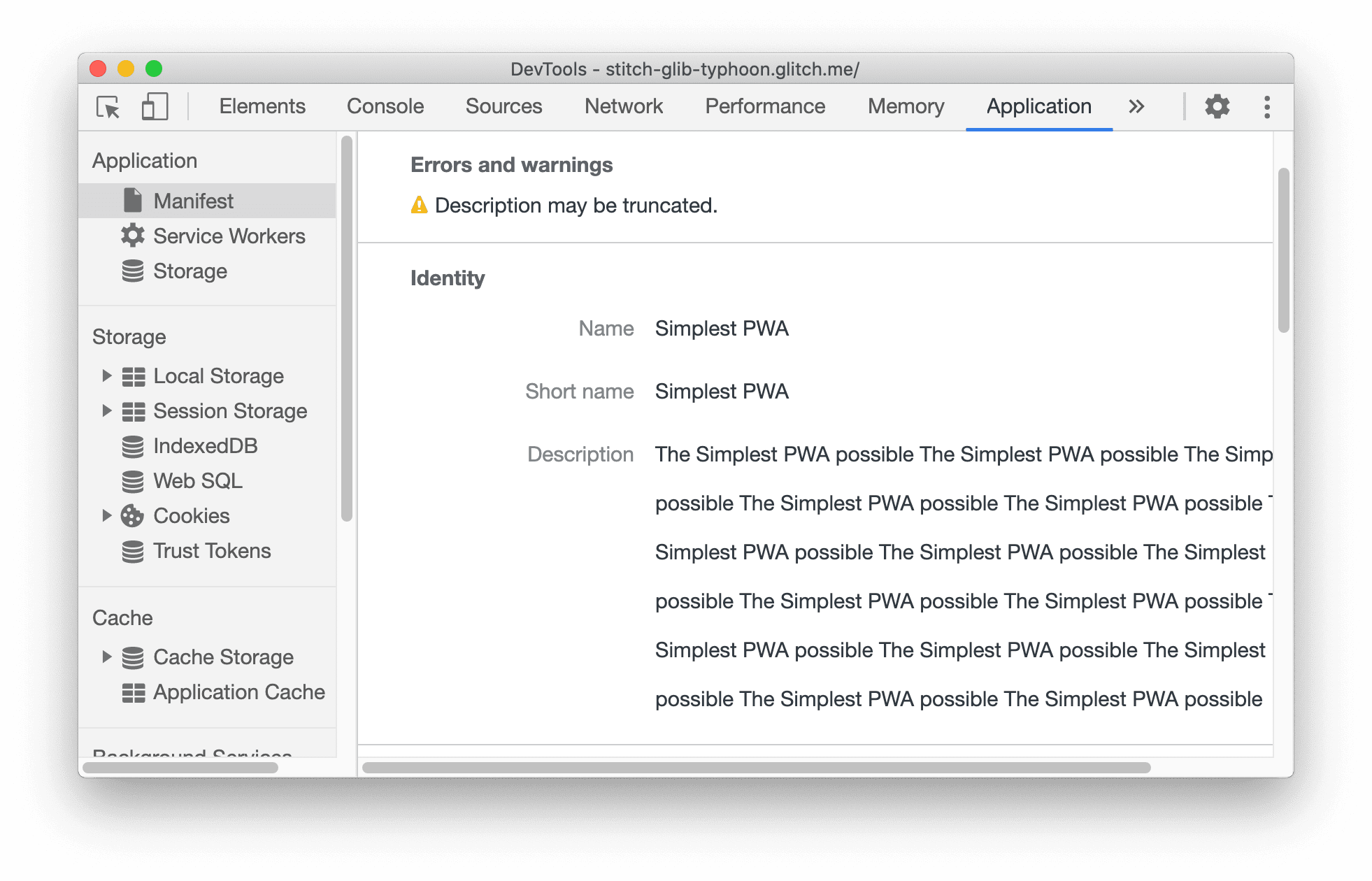 Advertencia de truncamiento de la descripción de la PWA