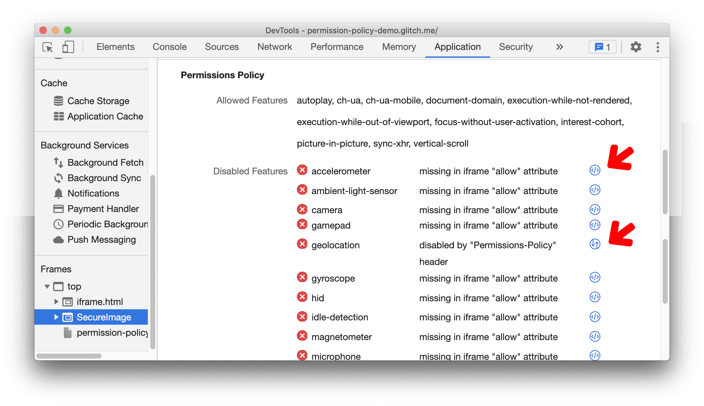Gesperrte Funktionen in der Ansicht „Frame-Details“