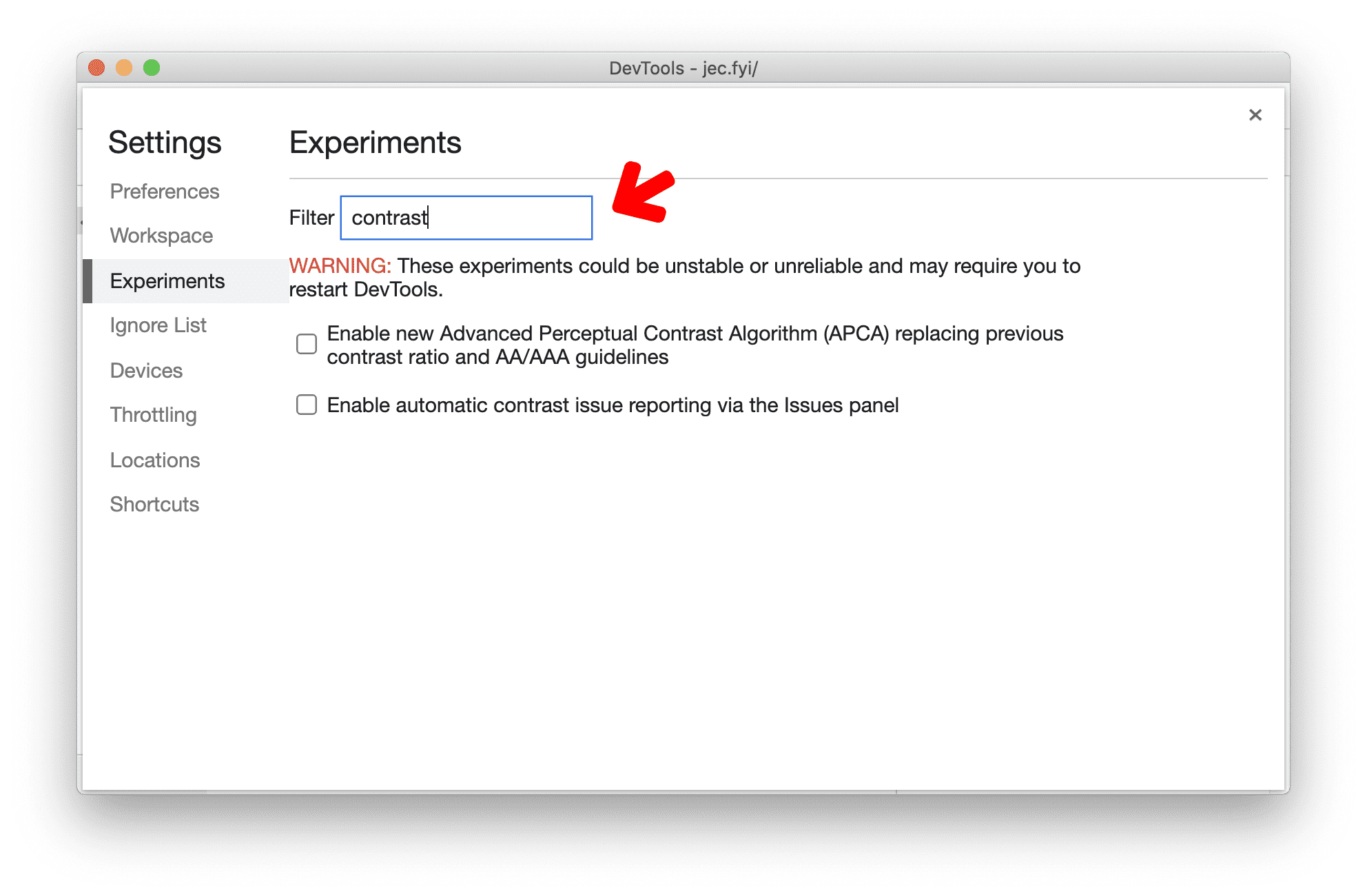 Lọc thử nghiệm trong phần Cài đặt thử nghiệm
