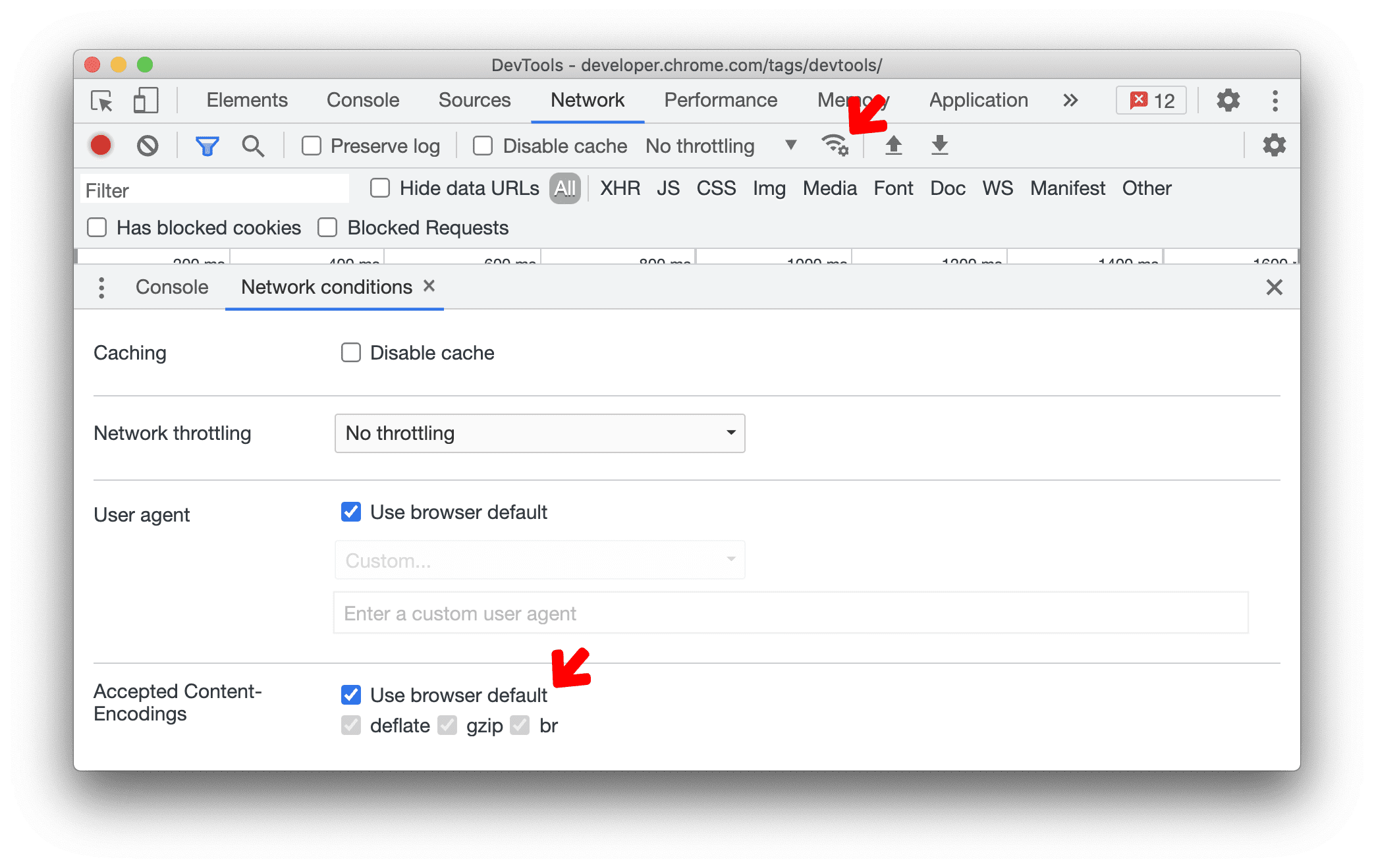 “New network conditions”（新建网络条件）按钮，包含用于配置 Content-Encoding 的选项