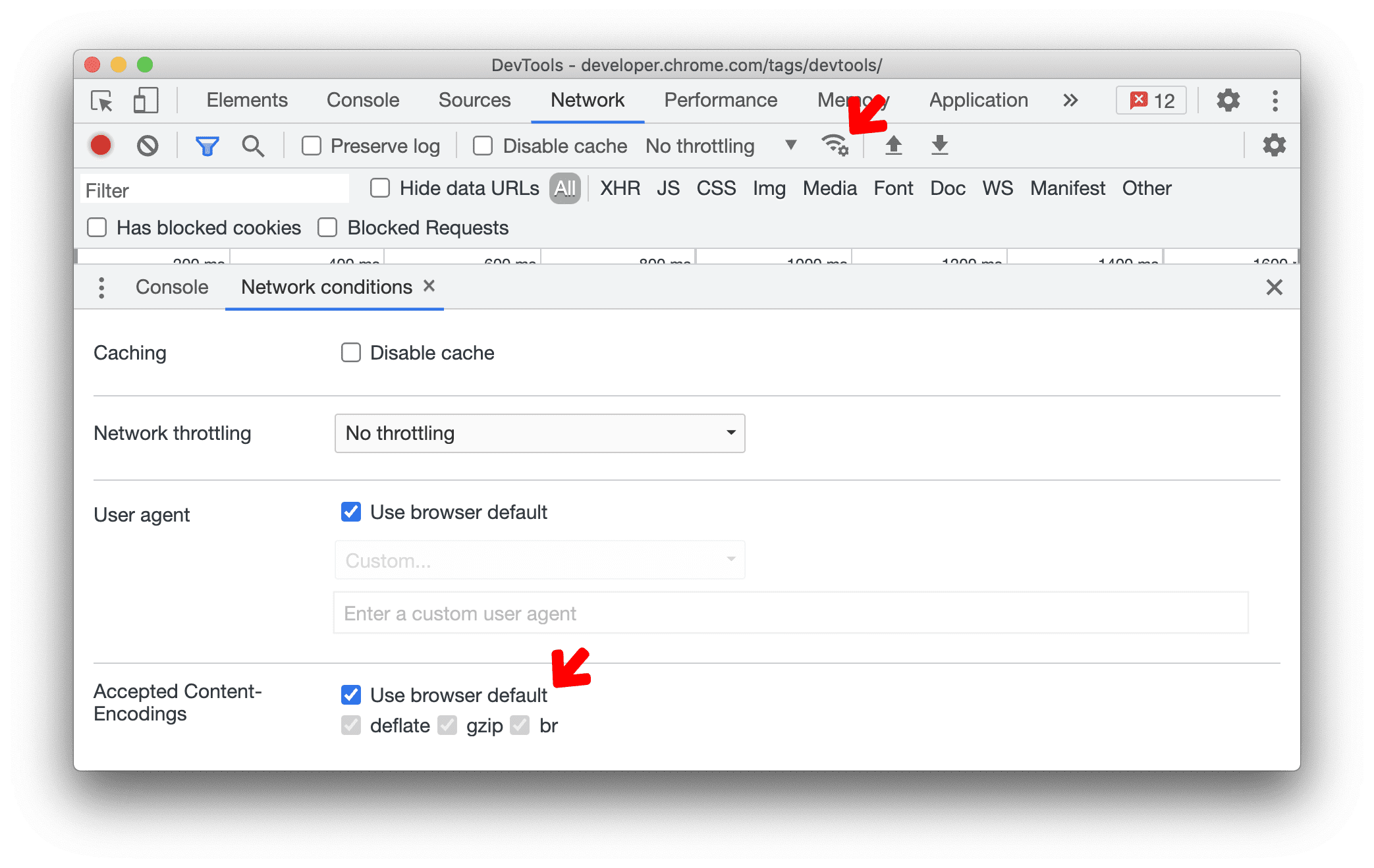 Nuevo botón de condiciones de red con opciones para configurar Content-Encoding
