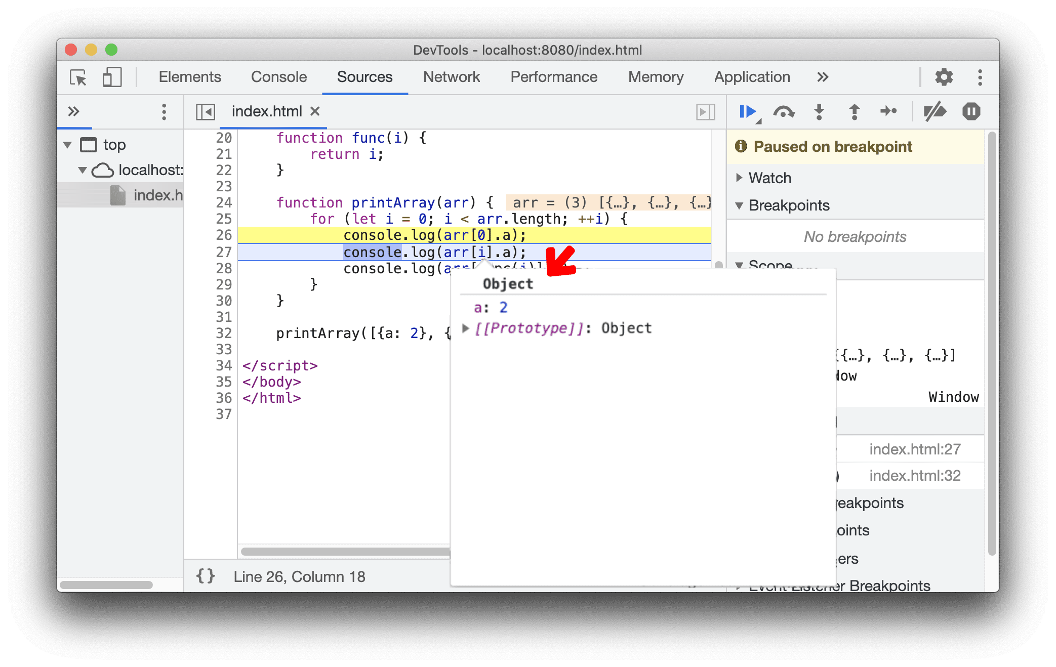 Suporte à visualização ao passar o cursor com a notação &quot;[]&quot;