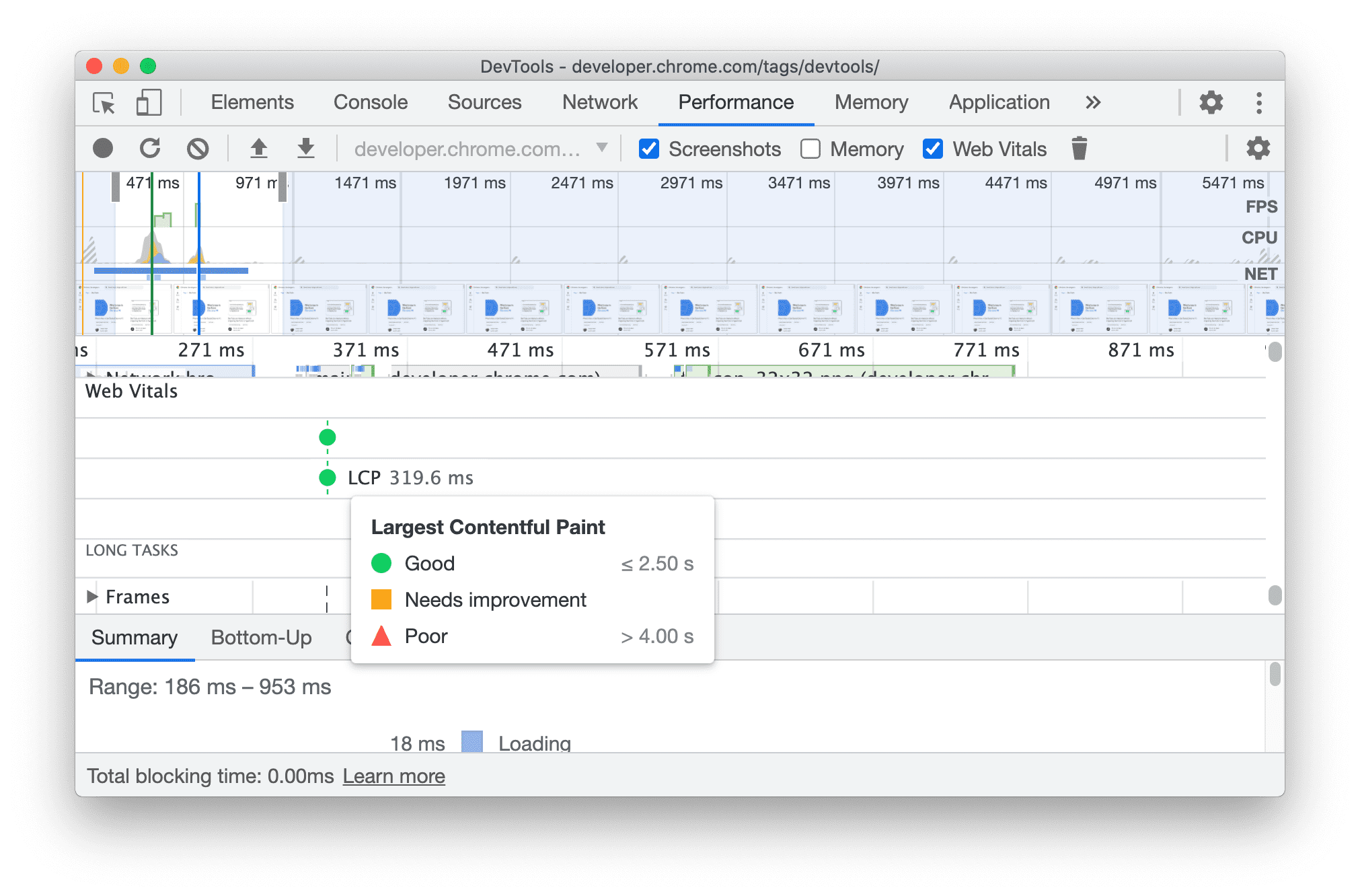 Popup con informazioni su Web Vitals