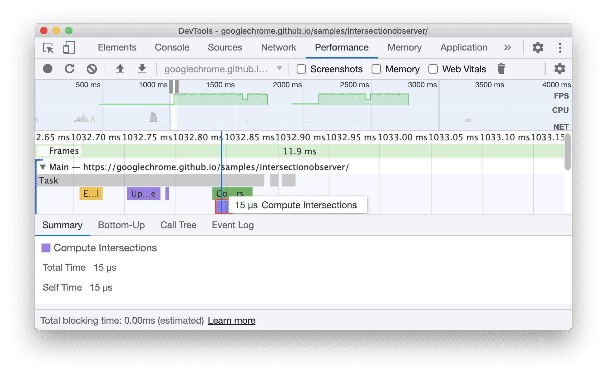 Calcular intersecções no painel "Desempenho"