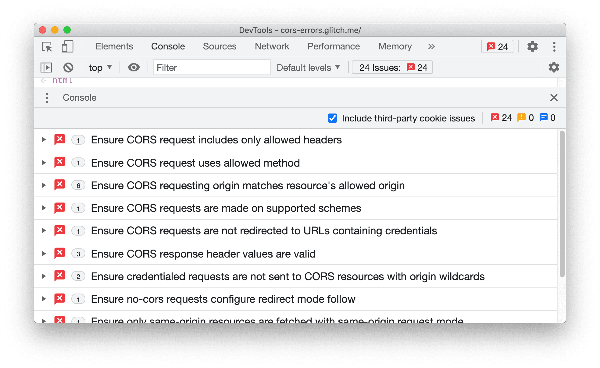 CORS issues in the Issues tab