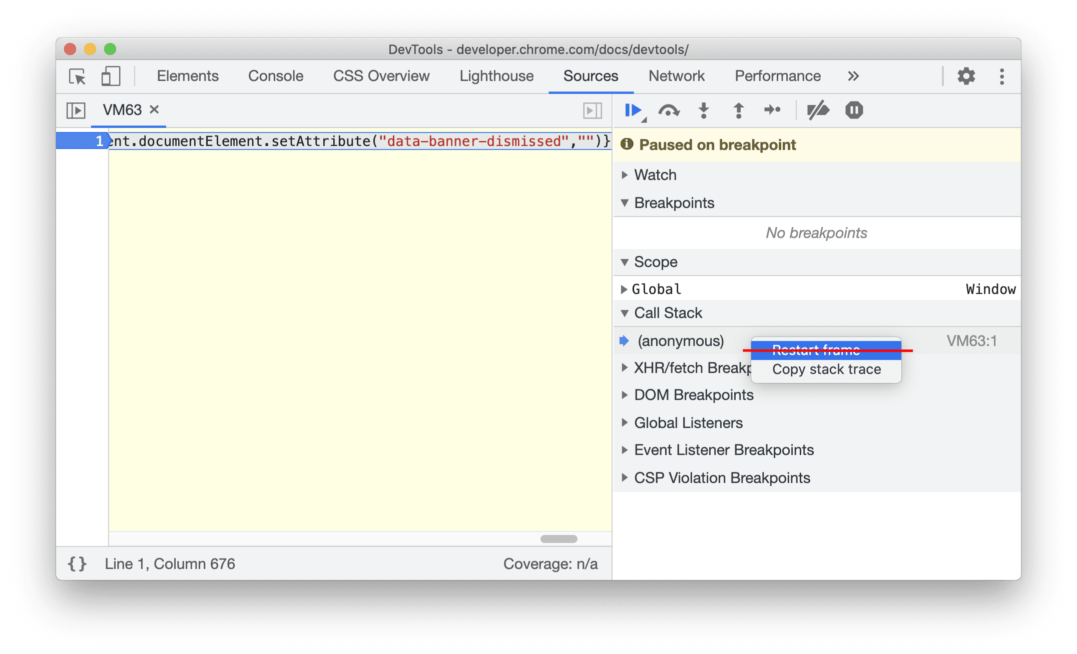 Verouderd contextmenu voor het herstartframe