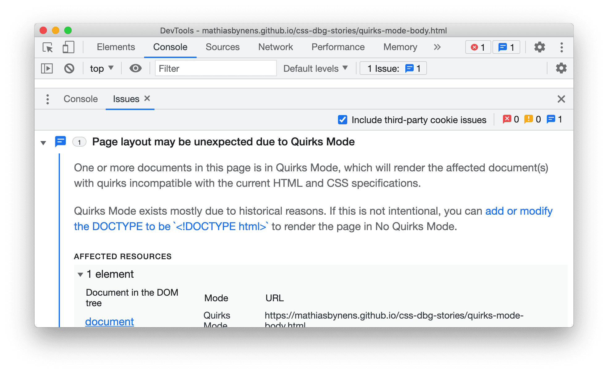 [問題] タブでの Quirks モードの問題の報告
