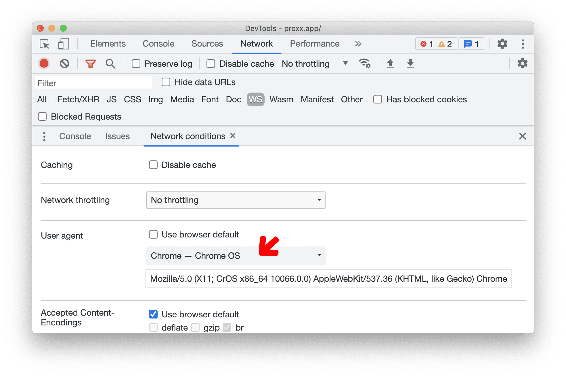 User-Agent Client Hints per i dispositivi nella scheda Condizioni di rete