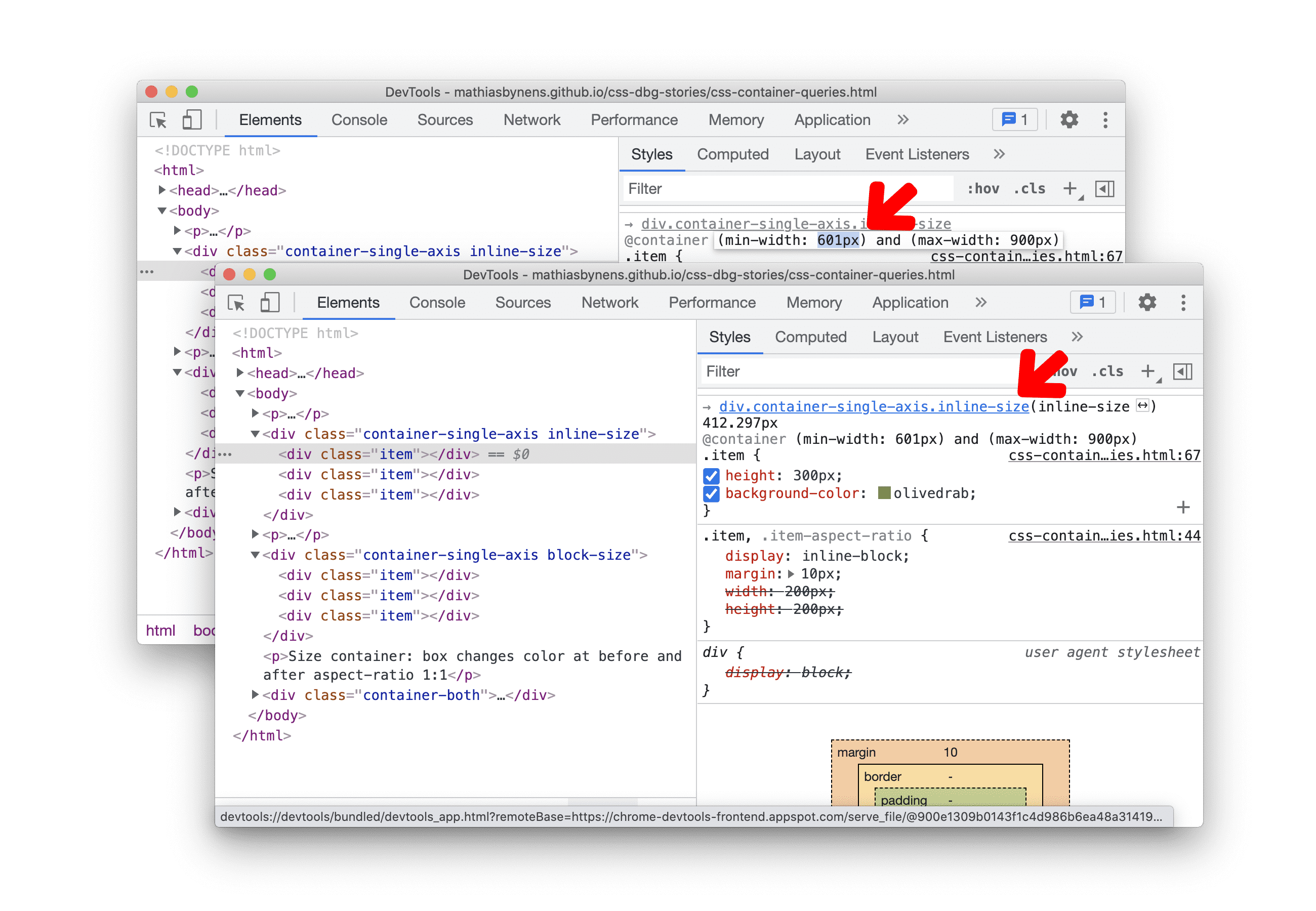 Consultas editables de contenedores CSS en el panel Estilos