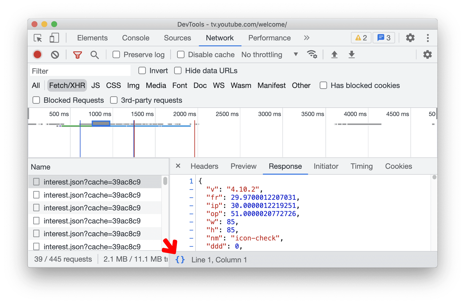  การตอบสนอง JSON ที่กำลังพิมพ์อยู่ในแผงเครือข่าย