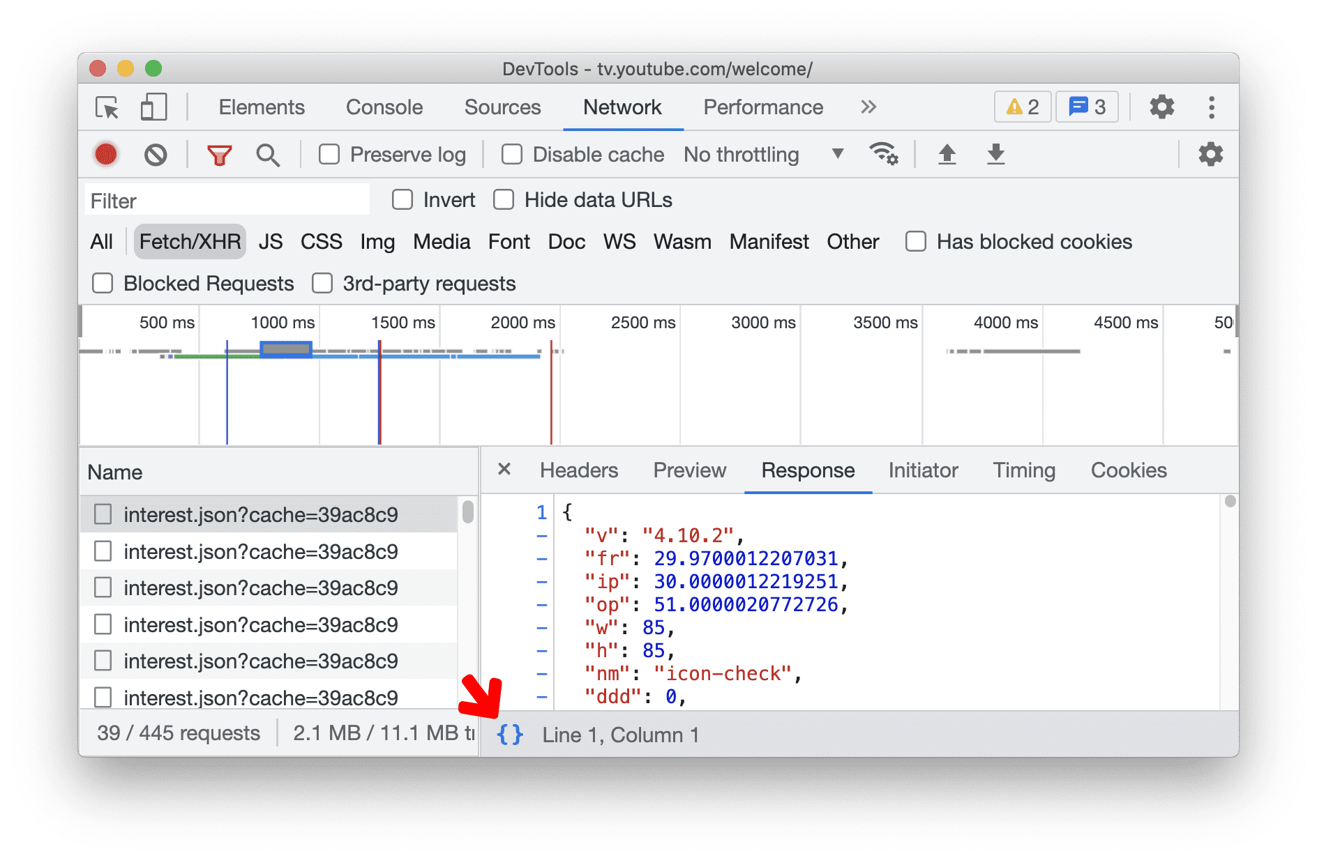  Pretty-printing de respostas JSON no painel "Rede"