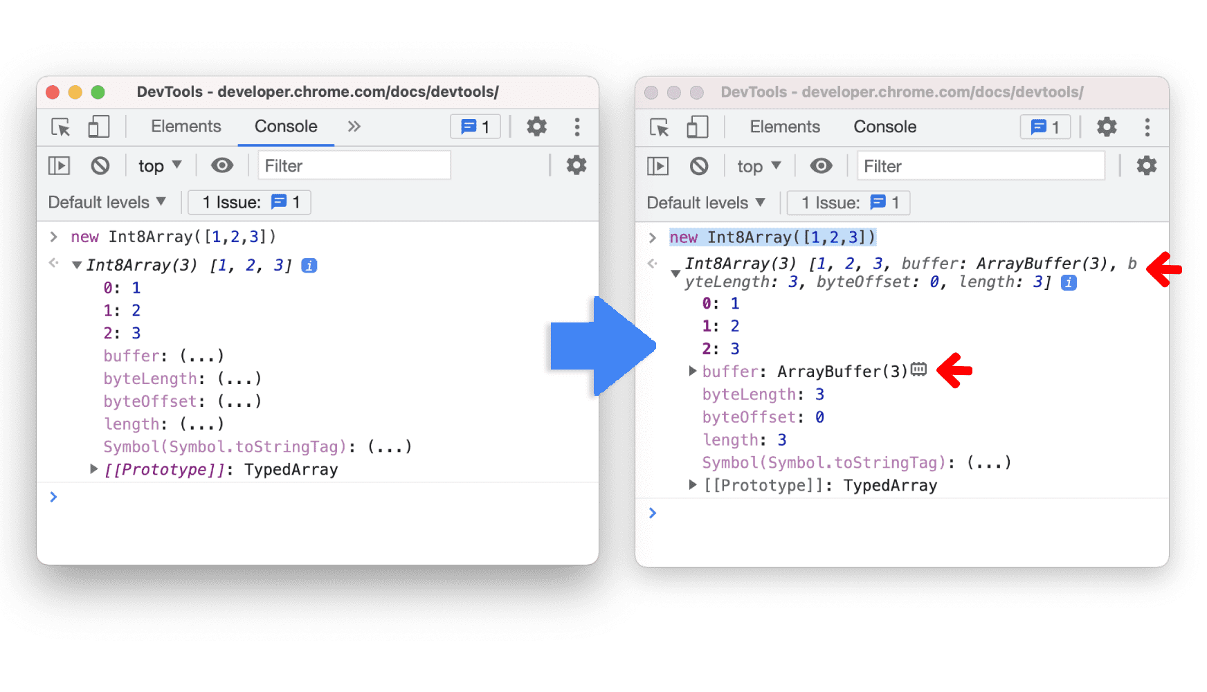 Native Zugriffsfunktionen werden in der Console einheitlich als eigene Attribute angezeigt